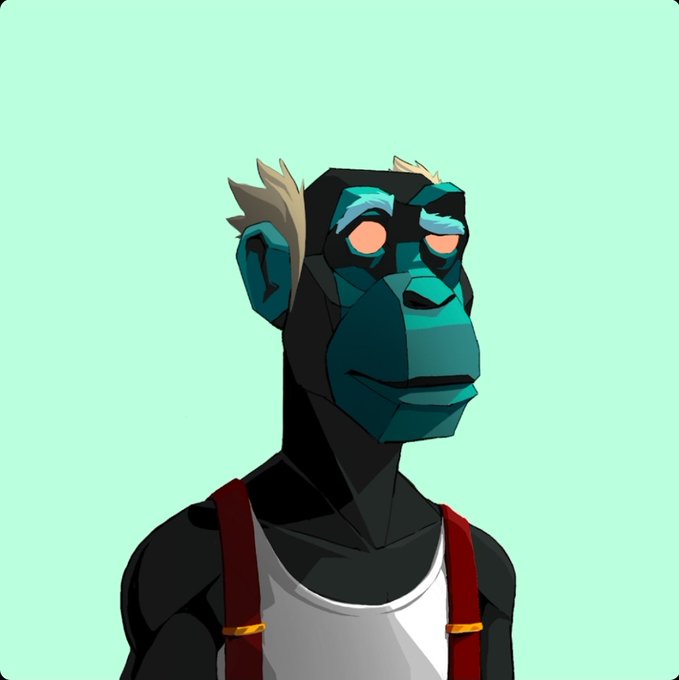 A digital illustration of a humanoid monkey character with teal and black facial coloring, blonde tufts of hair, orange eyes, and red suspenders over a white tank top against a mint green background.