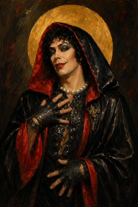 A painted portrait depicts Tim Curry, smiling seductively with a golden halo behind his head, adorned in a red-lined black hooded cloak, pearl necklace, and fingerless gloves, styled as a gothic religious icon. The image complements the caption's memorial tribute, serving as the "Clue-Tim" portrait chosen over a "Rocky Horror Picture Show" version to honor the actor.