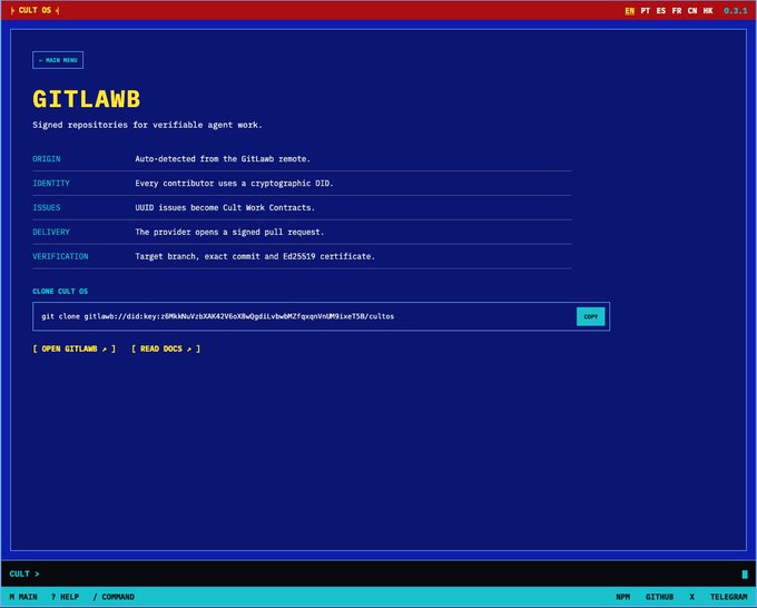 A retro-styled webpage for 'GITLAWB' with the subtitle 'Signed repositories for verifiable agent work,' detailing ORIGIN, IDENTITY, ISSUES, DELIVERY, and VERIFICATION fields, along with a git clone command for the Cult OS repository.