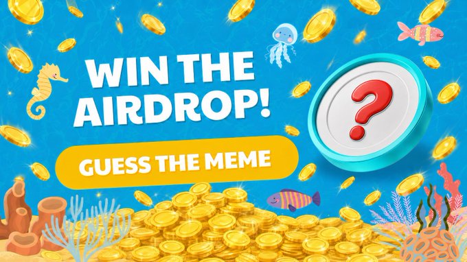 A vibrant underwater-themed promotional graphic features the text "WIN THE AIRDROP!" and "GUESS THE MEME" alongside a question mark token, with gold coins, a seahorse, jellyfish, and tropical fish—teasing a mystery meme project partnership on BSC tied to Nemo's Home.
