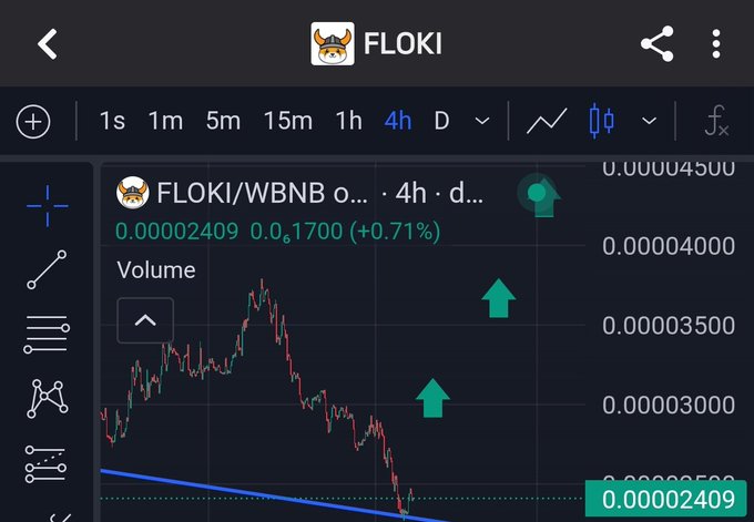 A screenshot of a computer screen with an app displaying the Flokki cryptocurrency trading platform, showing a downward trend for the cryptocurrency market along with graphs and financial indicators related to Flokki. The App seems to be analyzing and providing information about current Flokki stock prices or trends.