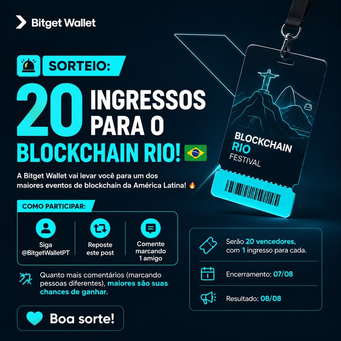 A promotional graphic from Bitget Wallet advertising a giveaway of 20 tickets to the Blockchain Rio Festival, with instructions to follow @BitgetWalletPT, repost the post, and tag one friend, ending 07/08 with results on 08/08.