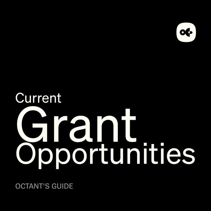 A black graphic with white text reading "Current Grant Opportunities - OCTANT'S GUIDE," featuring a small fish logo in the top right corner. It serves as an introductory cover image for Octant's guide highlighting available crypto grants, accompanying a post listing opportunities like the FRESH ETHSecurity Initiatives Round from The DAO Fund.