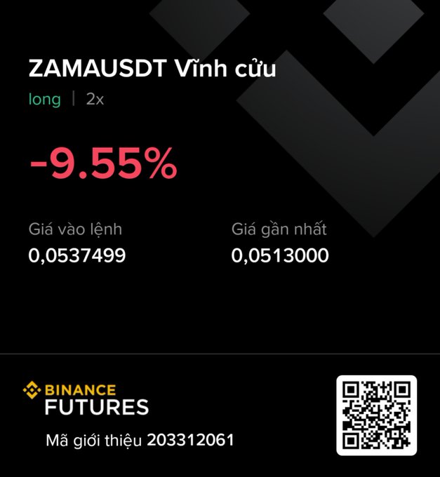 A Binance Futures trading screen showing ZAMAUSDT in a short 2x position at -9.55%, with entry price 0.0537499 and latest price 0.0513000, plus a QR code and referral ID 203312061.