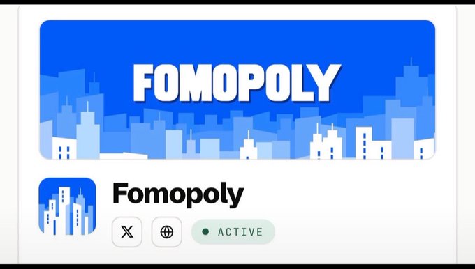 Fomopoly token listing with a blue cityscape banner reading “FOMOPOLY,” the name “Fomopoly,” social icons, and an “ACTIVE” status badge.
