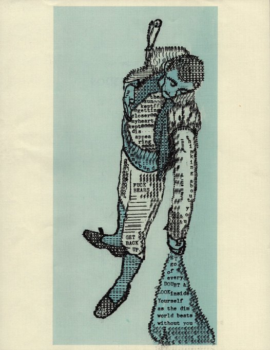 A figure made of newspaper clippings in a golf pose, with visible text including "Puck Bears," "Get Back Up," and phrases about golf and Doyle, set against a light blue background.