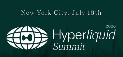 Event announcement graphic for the 'Hyperliquid Summit' in 'New York City, July 16th 2026' featuring a globe logo with a bowtie icon on a dark green background.