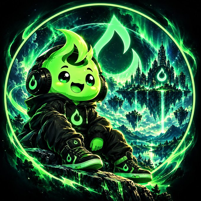 A vibrant green digital artwork features a chibi-style mascot with a flame-shaped head wearing headphones, a black hoodie, and matching sneakers, sitting before a fantasy floating castle and a glowing green droplet emblem.