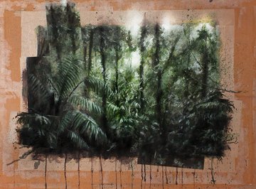 The image features a painting that depicts a forest scene with trees, plants, and foliage. The artist has used a unique technique of applying paint onto the canvas using sponges or other tools instead of brushes, resulting in an interesting texture and visual effect. The painting is displayed on a wooden frame, which adds to its rustic charm. The post also mentions that some of the artist's early works are still looking for a good home.