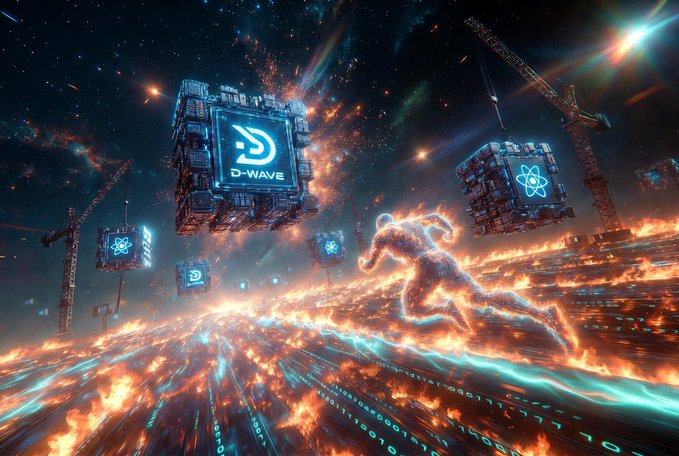 A figure made of fire runs across a landscape of flames and binary code toward floating, cube-shaped quantum processors branded with "D-WAVE" and an atom symbol, with construction cranes visible in the cosmic background—visually representing the real quantum hardware that generates the unique randomness behind the Quip Network NFT collection.