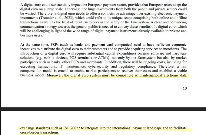 The image shows page 10 of an academic paper discussing the digital euro's potential impact on the European payment sector, highlighting requirements for adoption, capital expenditures, and compatibility with international exchange standards. The text confirms that the digital euro system "must be compatible with international electronic data exchange standards such as ISO 20022 to integrate into the international payment landscape and to facilitate cross-border transactions," which directly supports the post's claim about ISO 20022 compliance.