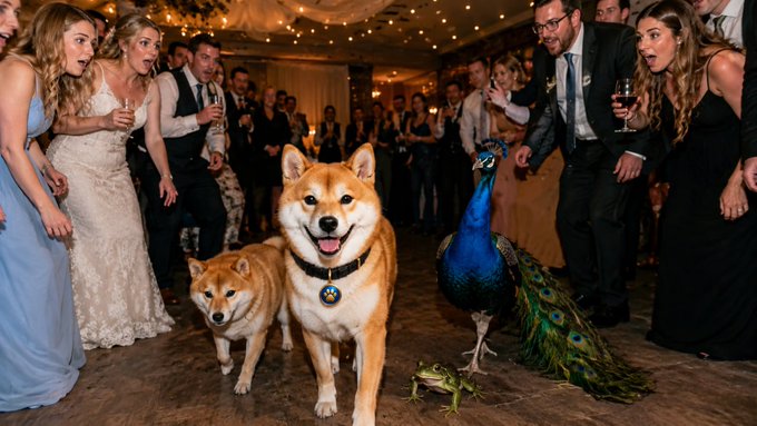 A humorous wedding photo showing two Shiba Inu dogs and a peacock walking down the aisle, while surprised guests in formal attire watch from the sides.