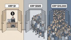 A three-panel comic-style illustration labeled 'XRP 1,' 'XRP $589,' and 'XRP $10,000,' showing increasing crowds of people rushing through doors.