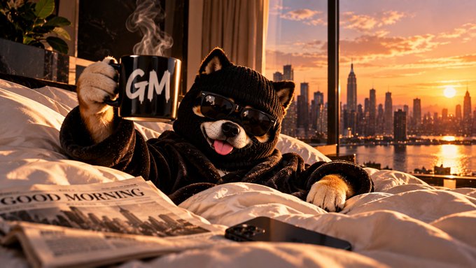 A Shiba Inu dog wearing a black balaclava with ears and sunglasses lies in bed holding a "GM" mug, with a "GOOD MORNING" newspaper and a city skyline at sunrise visible in the background.