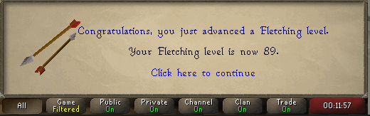 A game notification says, “Congratulations, you just advanced a Fletching level. Your Fletching level is now 89,” confirming that the accompanying “its happening” refers to the level-up.