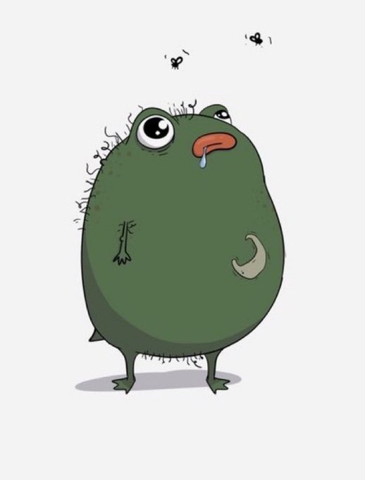A green cartoon toad with big, teary eyes looks upward as flies buzz around its head, with a small tongue hanging out—visually capturing the look of desperate, drooling greed. The image humorously reflects the post's disbelief at a meme coin reaching a $20M market cap so quickly, suggesting the community is hungrily "chasing" the hype like hungry toads snapping at flies.