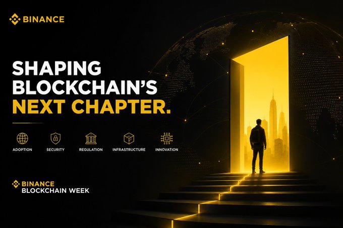 A Binance Blockchain Week promotional banner reading "Shaping Blockchain's Next Chapter," featuring a silhouetted figure standing before a glowing golden doorway revealing a futuristic city skyline, with five pillar icons below—Adoption, Security, Regulation, Infrastructure, and Innovation—reinforcing the event's focus on the transformative discussions driving the industry forward beyond just market prices.