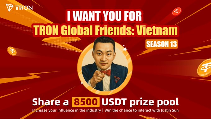 The image features a man wearing a suit, standing against a red background that says "TRON Global Friends" and "Vietnam Season 13". The man appears to be smiling at the camera while holding up his hand for a photo. In the bottom right corner of the image, there is text that reads "Focus on what is in the image and how it relates to the post", which suggests that this image might be related to a post about joining TRON Global Friends or Season 13.