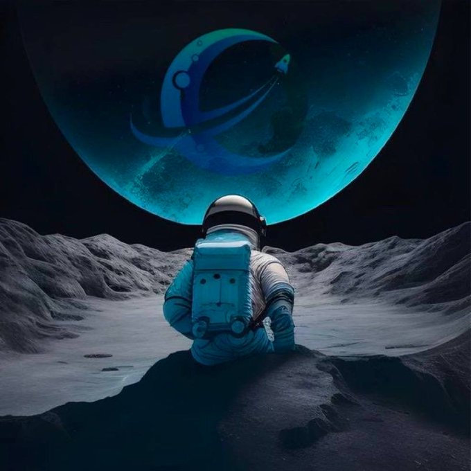 An astronaut sitting on a lunar surface looking up at a large blue planet with a stylized logo resembling a ringed planet on its surface.