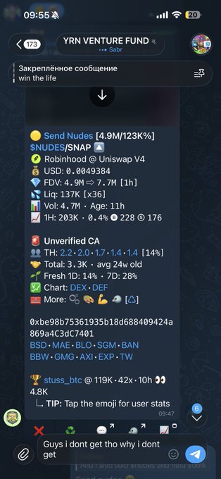 A Telegram chat screenshot showing crypto token information for a coin called 'Send Nudes [4.9M/123K%]' with trading details and a user message saying 'Guys i dont get tho why i dont get'.