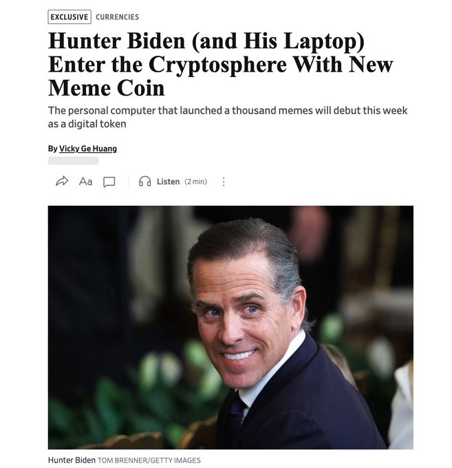 A news article headline reads 'Hunter Biden (and His Laptop) Enter the Cryptosphere With New Meme Coin' by Vicky Ge Huang, featuring a photo of Hunter Biden smiling.
