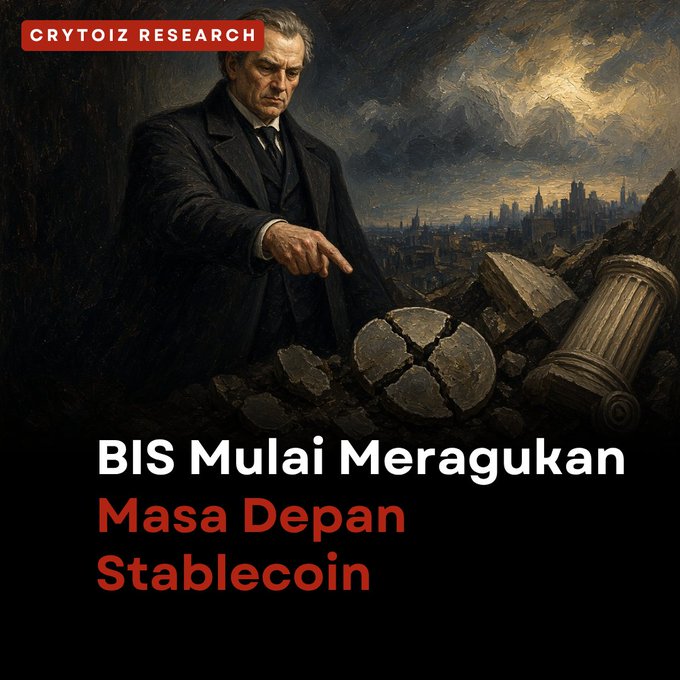 A Crytoiz Research article thumbnail titled 'BIS Mulai Meragukan Masa Depan Stablecoin' (Indonesian for 'BIS Begins to Doubt the Future of Stablecoin'), featuring a classical painting of a man pointing at a cracked coin among ruins.