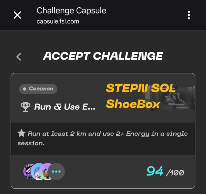 The image shows a "Challenge Capsule" from capsule.fsl.com with an "Accept Challenge" screen for a STEPN SOL ShoeBox Common capsule, requiring a user to run at least 2 km and use 2+ energy in a single session, with a completion progress of 94/100. The challenge details and activation code (85775887) from the post align with this common capsule reward, which is earned by completing the in-game STEPN running and energy usage requirement.