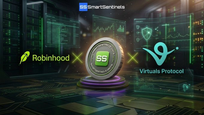 A futuristic digital interface displays the SmartSentinels (SS) logo and "$UNITS" token coin at the center, flanked by the Robinhood and "Virtuals Protocol" logos, visually representing the post's announcement of integrating Robinhood into the SmartSentinels ecosystem via the utility-focused $UNITS token on the Virtuals platform.