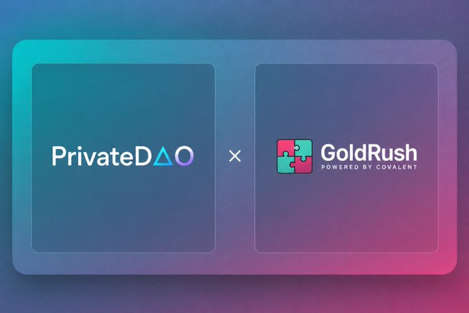 A collaboration announcement graphic featuring the "PrivateD△O" and "GoldRush (Powered by Covalent)" logos side by side with an "×" symbol between them, set against a teal-to-pink gradient background, visually representing the partnership between the two platforms.