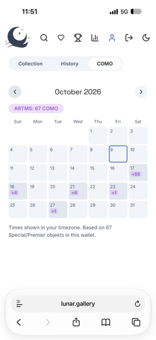 A mobile app screenshot displaying a calendar view for October 2026 with ARTMS: 67 COMO, showing the lunar.gallery website at the bottom.