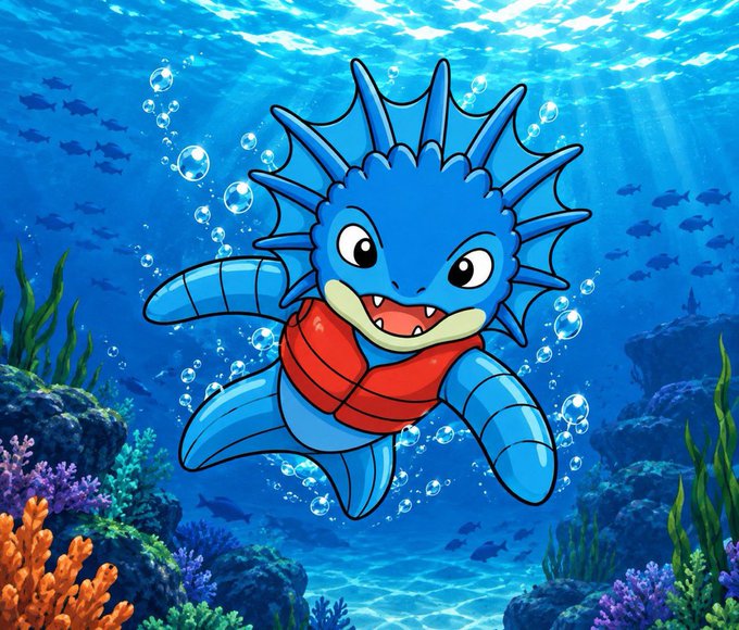 A cartoon illustration of a blue, spiky sea creature wearing a red scarf swimming in an underwater scene with coral reefs, fish, and bubbles.
