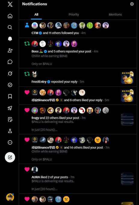 A Twitter/X notifications screen showing recent activity including follows, reposts, and likes, with several posts referencing '$PALU', '$BNB', and 'Chillin while earning'.