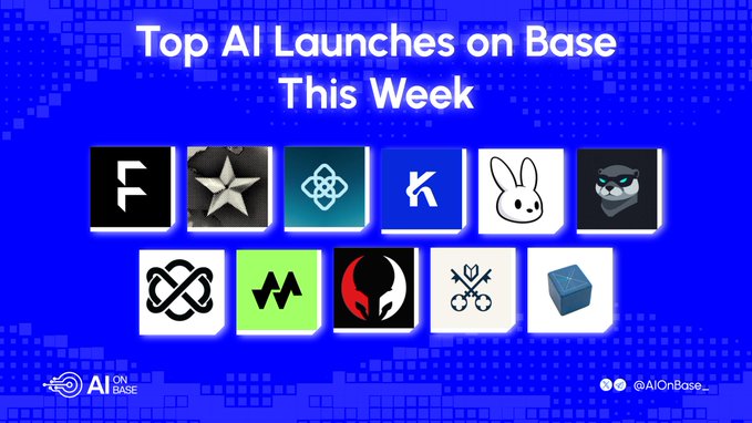 A graphic titled 'Top AI Launches on Base This Week' displaying a grid of 11 project logos/icons against a blue background, credited to @AIOnBase_.