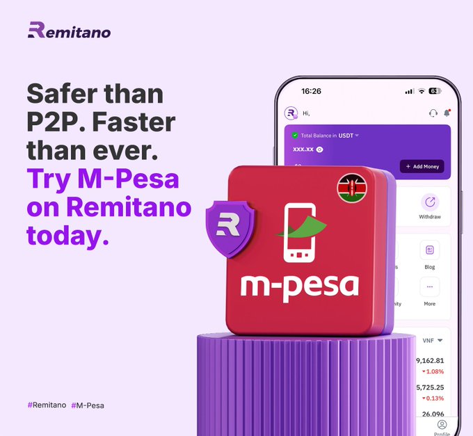 An advertisement for Remitano promotes 'M-Pesa' with the text 'Safer than P2P. Faster than ever. Try M-Pesa on Remitano today.' alongside a phone mockup showing the app interface.