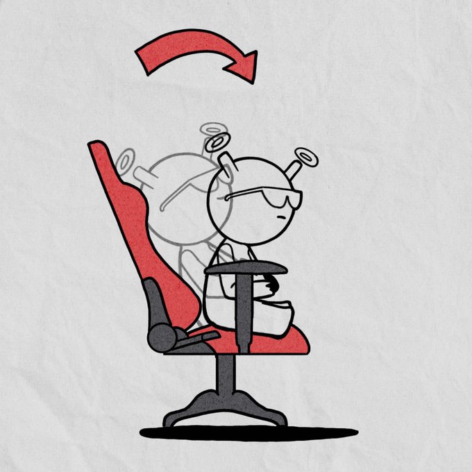 Minimalist stick-figure illustration of a character sitting in a red and black office chair with a red curved arrow above indicating a spinning or rotating motion.