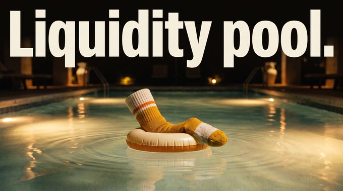 The image shows a knitted sock-shaped pool float bobbing in a dimly lit swimming pool, with the text "Liquidity pool." displayed at the top, cleverly playing on the "sock" theme of the post. The post's message about permanently locked LP tokens in the SockMigrator contract is visually reinforced by the float being left in the water—unable to be removed—mirroring how no one, not even the developers, can withdraw the liquidity.