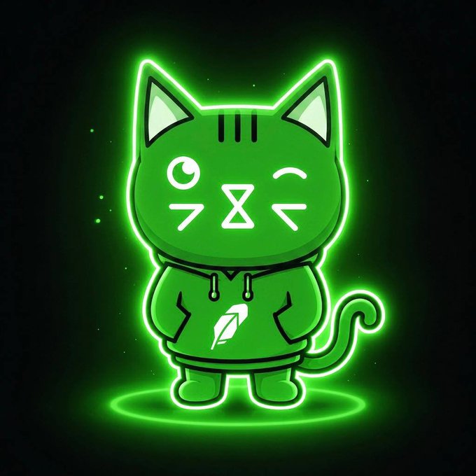 A neon green, stylized cartoon cat mascot wearing a hoodie, standing inside a glowing green circle on a black background.