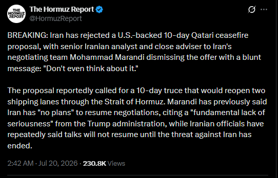 A tweet from The Hormuz Report (@HormuzReport) dated July 20, 2026, reports that Iran rejected a U.S.-backed 10-day Qatari ceasefire proposal, with Iranian analyst Mohammad Marandi dismissing the offer by saying "Don't even think about it." The post references this by implying the earlier reports of the rejected proposal may have been strategically leaked to influence markets before opening.