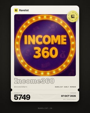 A Rarelist digital card titled 'INCOME 360' by income360ers, marked with No. 5749, labeled 'Rarelist Early Member' dated 07 OCT 2026.