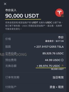 A mobile trading interface in Chinese shows a purchase order for 90,000 USDT of TSLA stock at $377.99 per share, totaling approximately 89,974.75 USDC.