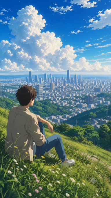 An anime-style illustration of a young man sitting on a grassy hilltop, overlooking a vast cityscape with skyscrapers beneath a bright blue sky filled with dramatic cumulus clouds.