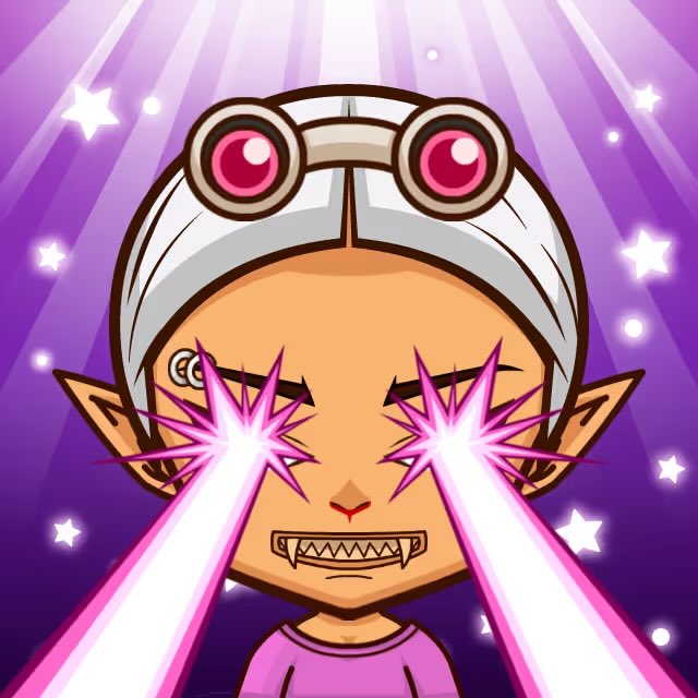 An anime-style character with pointed ears, goggles on their head, baring sharp teeth while shooting pink laser beams from their eyes against a purple starry background.