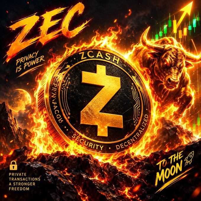 A dramatic promotional image for Zcash (ZEC) cryptocurrency featuring a large golden Z coin surrounded by flames, a charging bull, the text 'PRIVACY IS POWER', 'TO THE MOON', and 'PRIVATE TRANSACTIONS A STRONGER FREEDOM'.
