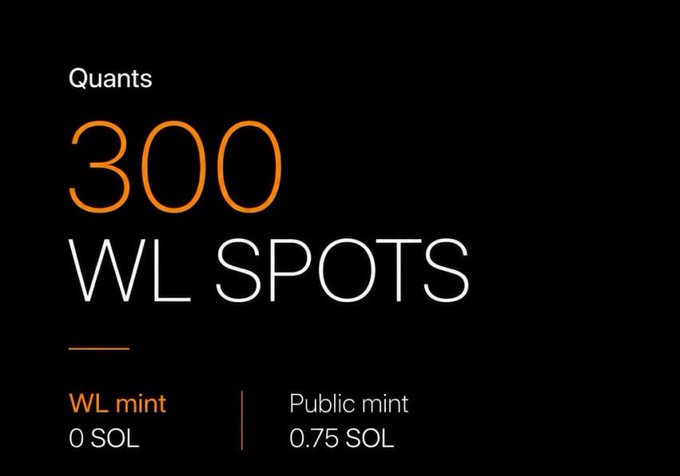 Dark promotional graphic advertising '300 WL SPOTS' for Quants with a WL mint price of 0 SOL and public mint price of 0.75 SOL.
