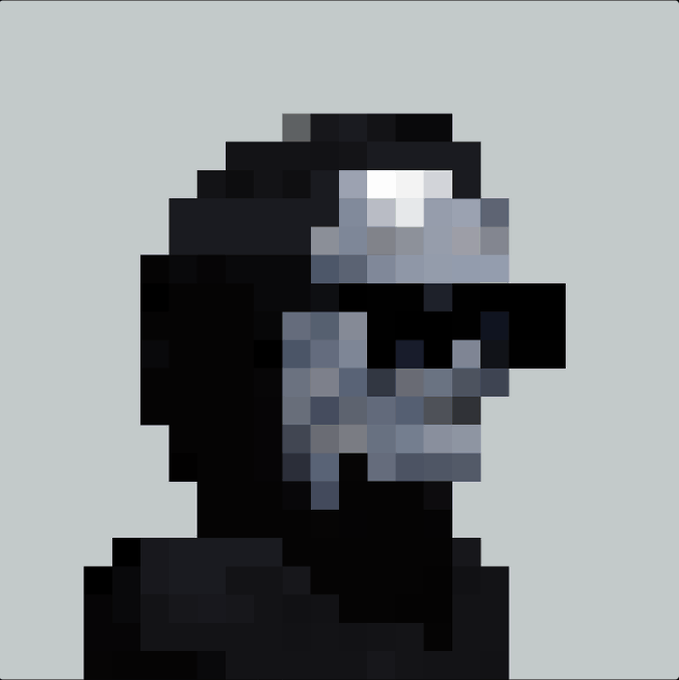 A pixel art profile picture depicts a hooded figure with glowing eyes in black and gray tones, shown in a side profile. The image relates to the post by serving as the new addition to the collection, representing the stylized avatar of @lphaCentauriKid.