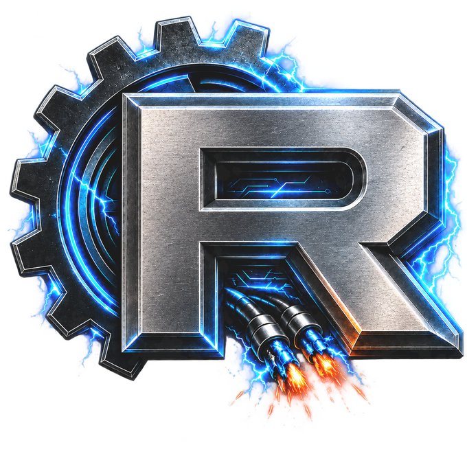 A 3D metallic letter "R" combined with a gear, emitting blue lightning and rocket exhaust.