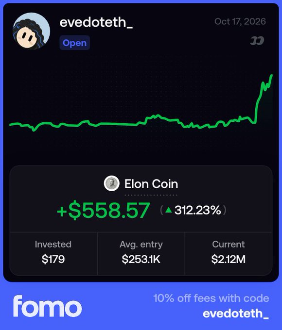 The image shows a Fomo app portfolio screenshot for user "evedoteth_" displaying a massive gain on Elon Coin of +$558.57 (312.23%), with an investment of $179 growing to a current value of $2.12M, illustrating the crypto trading success being celebrated in the giveaway post.
