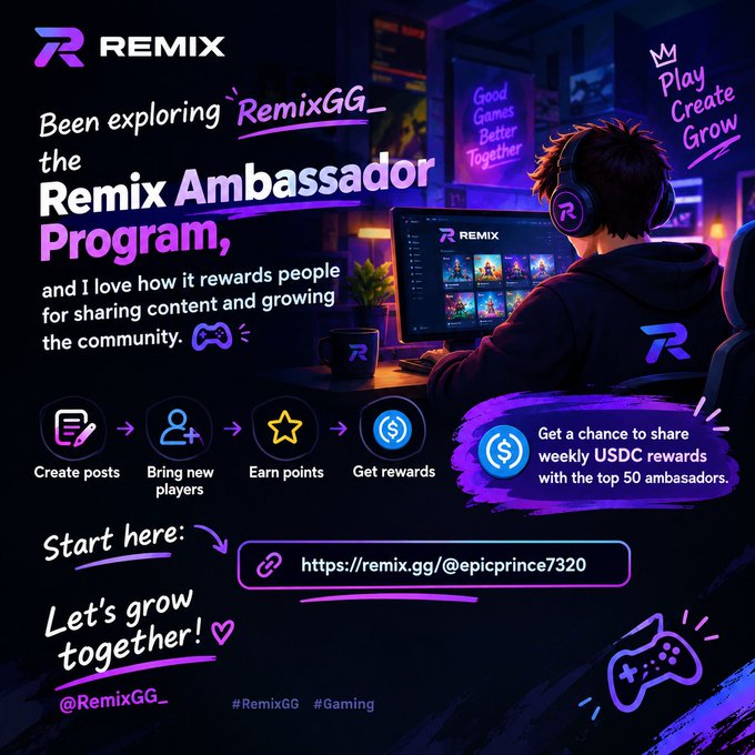 A promotional graphic for the 'Remix Ambassador Program' featuring a person gaming on a PC, with text explaining rewards for sharing content and a link 'https://remix.gg/@epicprince7320'.