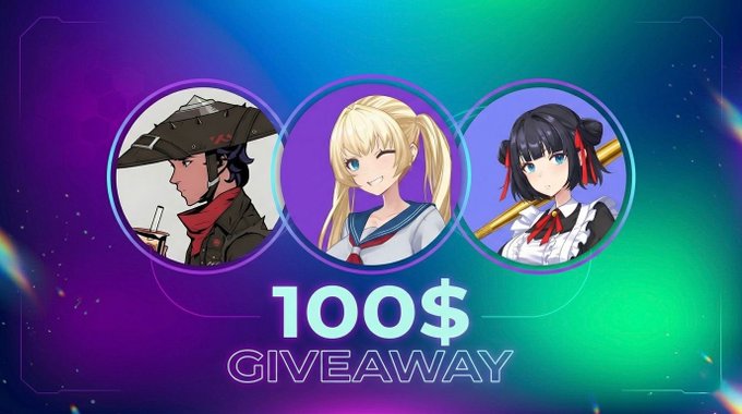 The image features three cartoon characters with different hairstyles and clothing, each wearing a hat or headband. The characters include a man with a cowboy hat, a woman with blonde hair tied up in a ponytail, and another woman with red hair and a black top. The background of the image is blue, which complements the purple circle that contains the text "100$ GIVEAWAY". The post also mentions that there are 72 likes on this post, and it was shared by @KontonNFT and @yemrecc.