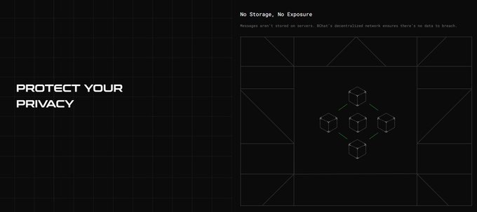 A dark-themed graphic with the text 'PROTECT YOUR PRIVACY' on the left and a tech illustration on the right showing interconnected cubes under the heading 'No Storage, No Exposure' with text about messages not being stored on servers due to a decentralized network.